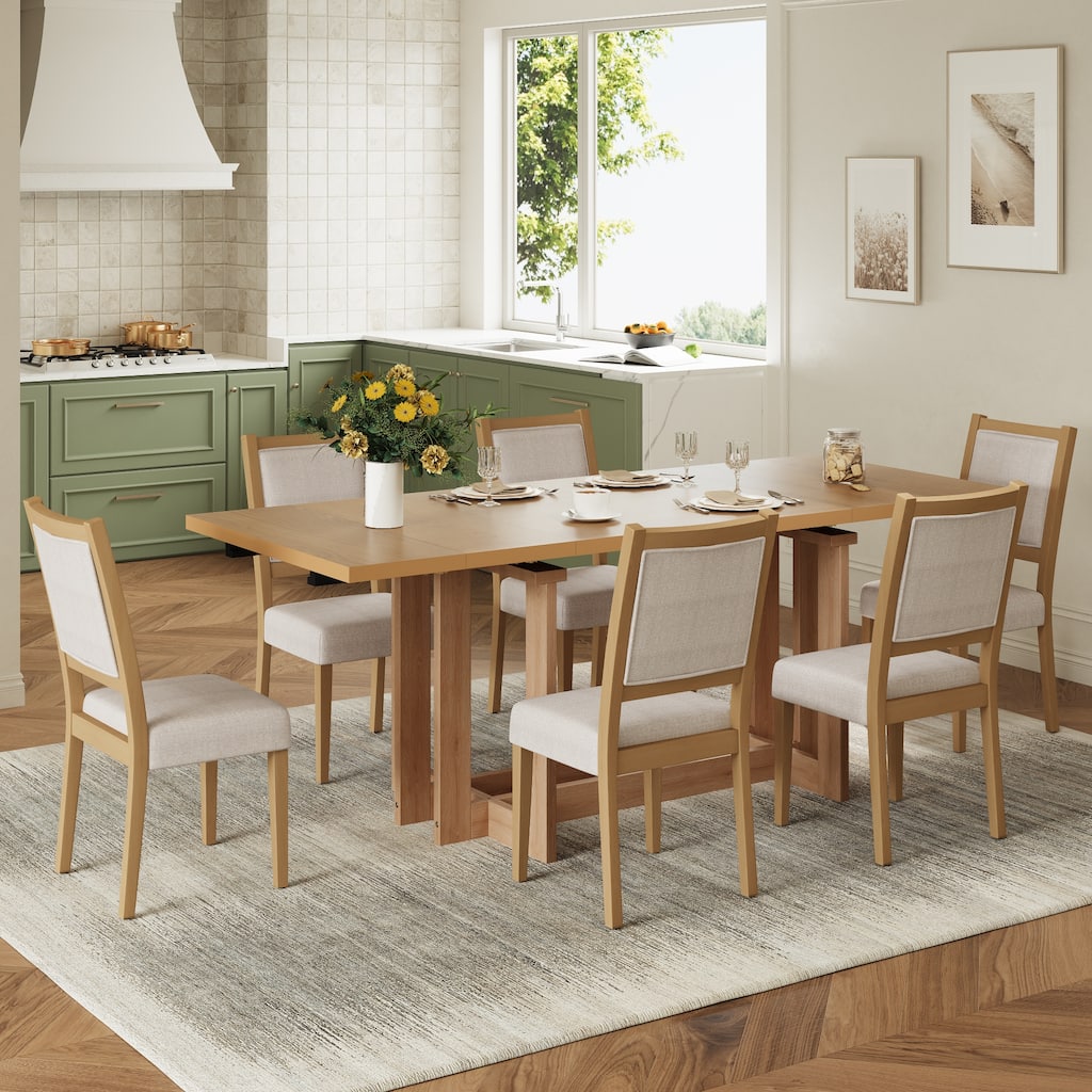 Rustic 82-Inch 7-Piece Extendable Dining Table Set with 6 Upholstered Dining Chairs