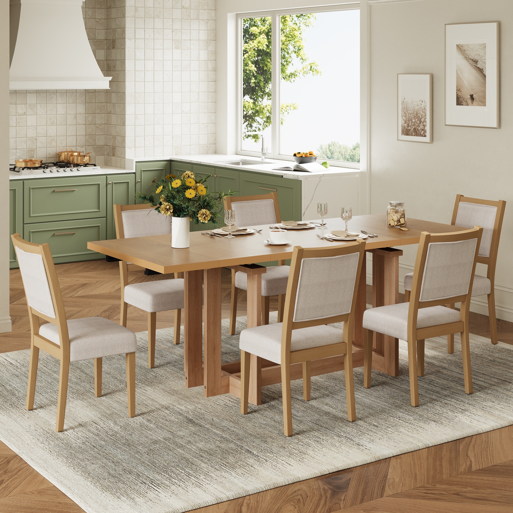 Rustic 82-Inch 7-Piece Extendable Dining Table Set with 6 Upholstered Dining Chairs