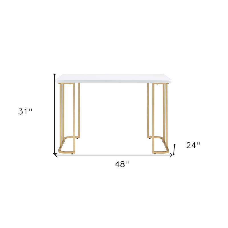 White Wood Writing Desk with Gold Metal Sled Base and Reversible Design