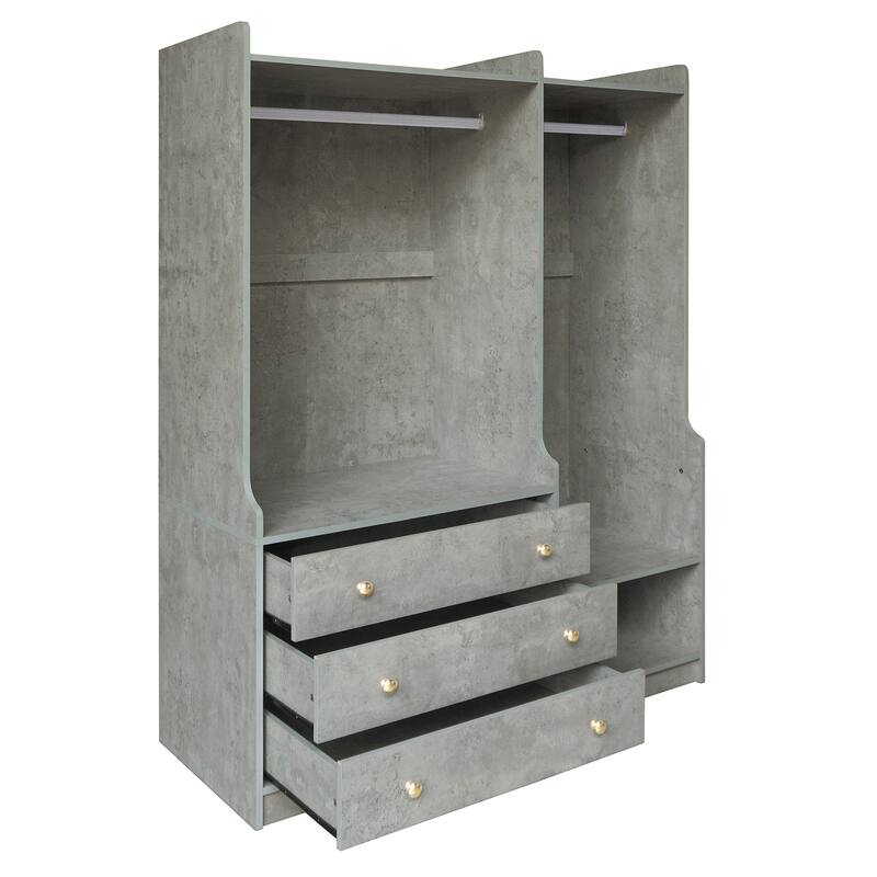 Wooden Open Wardrobe Storage Clothes Storage Cabinet with Dual Hanging Rods and Five Shelves Armoire for Bedroom