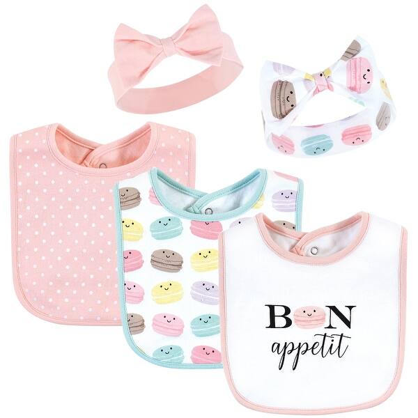 slide 1 of 1, Hudson Baby Infant Girl Cotton Bib and Headband or Caps Set, Macaron, One Size - Macaron - One Size One Size - Macaron