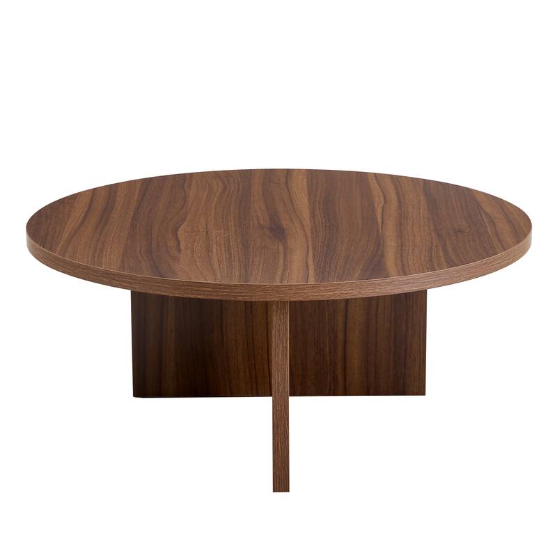 T-shaped Base Round Coffee Table with Faux Wood Grain