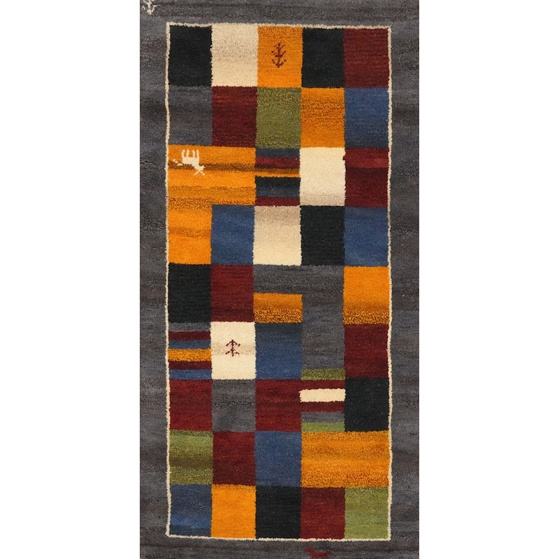 Hand Knotted Oriental 100% Wool Carpet Modern Geometric Multi-Colored Gabbeh Runner Rug - 4' 7'' X 2' 3''