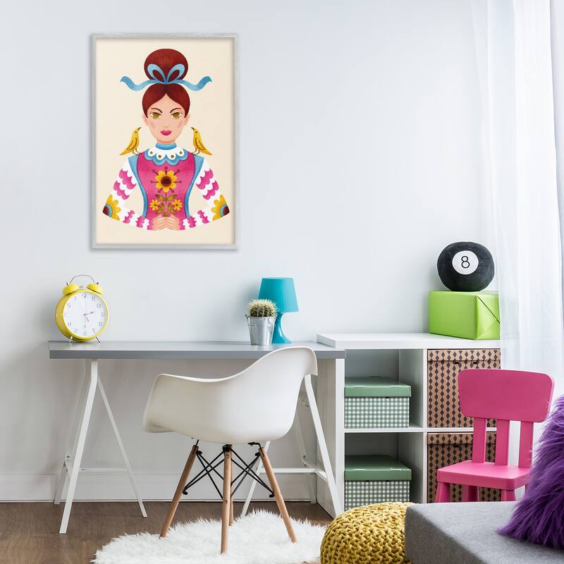 Stupell Brunette Girl with Birds Framed Giclee Art Design By Hannah Moren