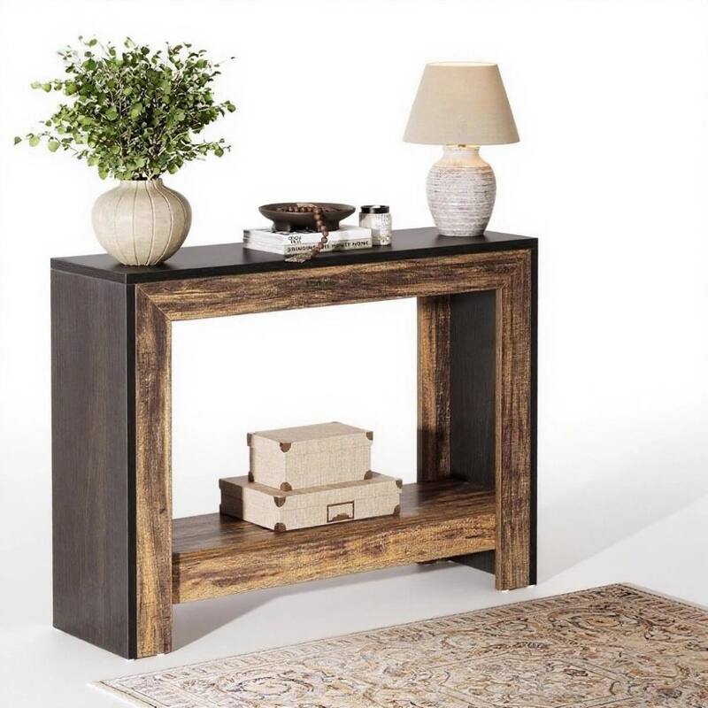 Brown-Natural Particleboard Farmhouse Console Table with Open Shelf - 41.34” L x 11.81 W x 31.5 H