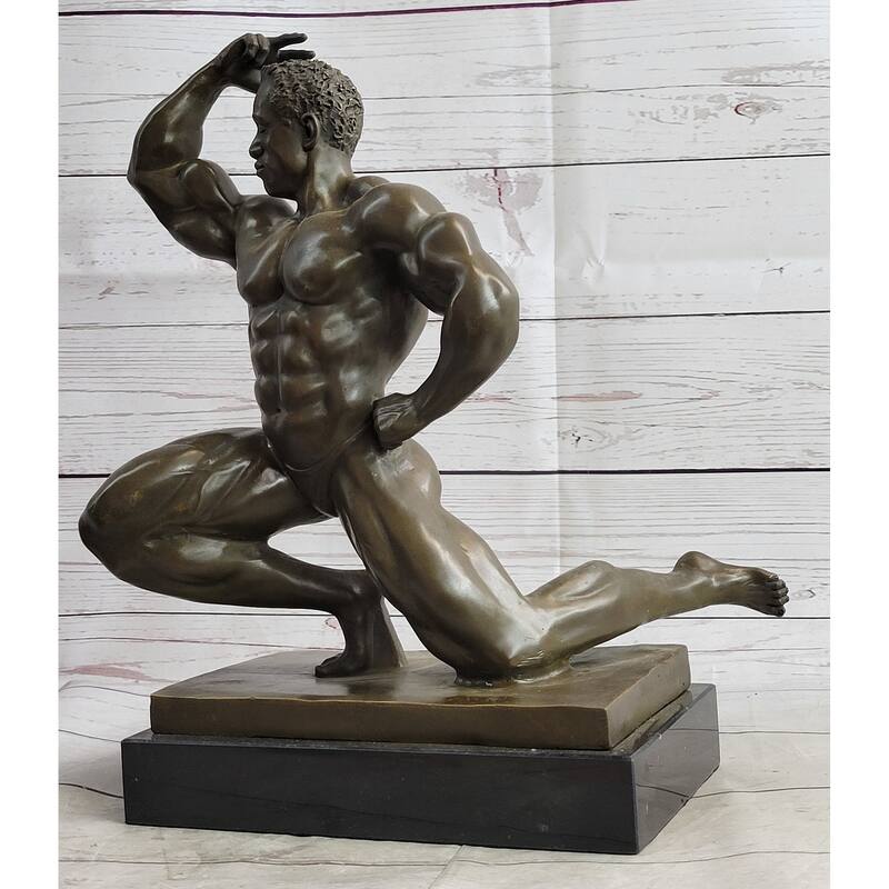 Iron Man Muscular Bodybuilder Posing Flexing Bronze Sculpture Statue Trophy Figure