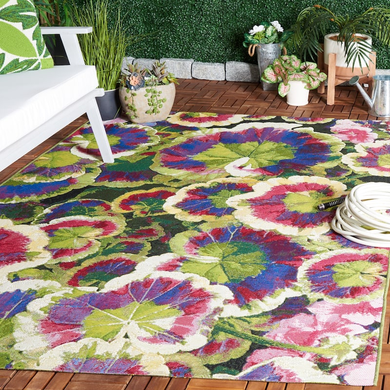SAFAVIEH Barbados Najma Tropical Waterproof Patio Backyard Rug - 4' x 6' - Black Green/Purple
