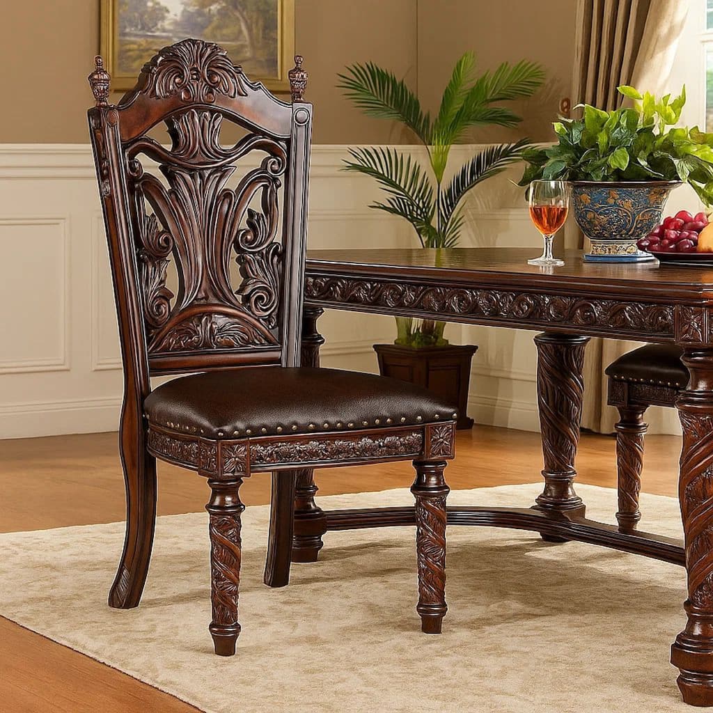 Iga 22 Inch Carved Dining Chair, Set of 2, Faux Leather Seat, Nailhead Trim