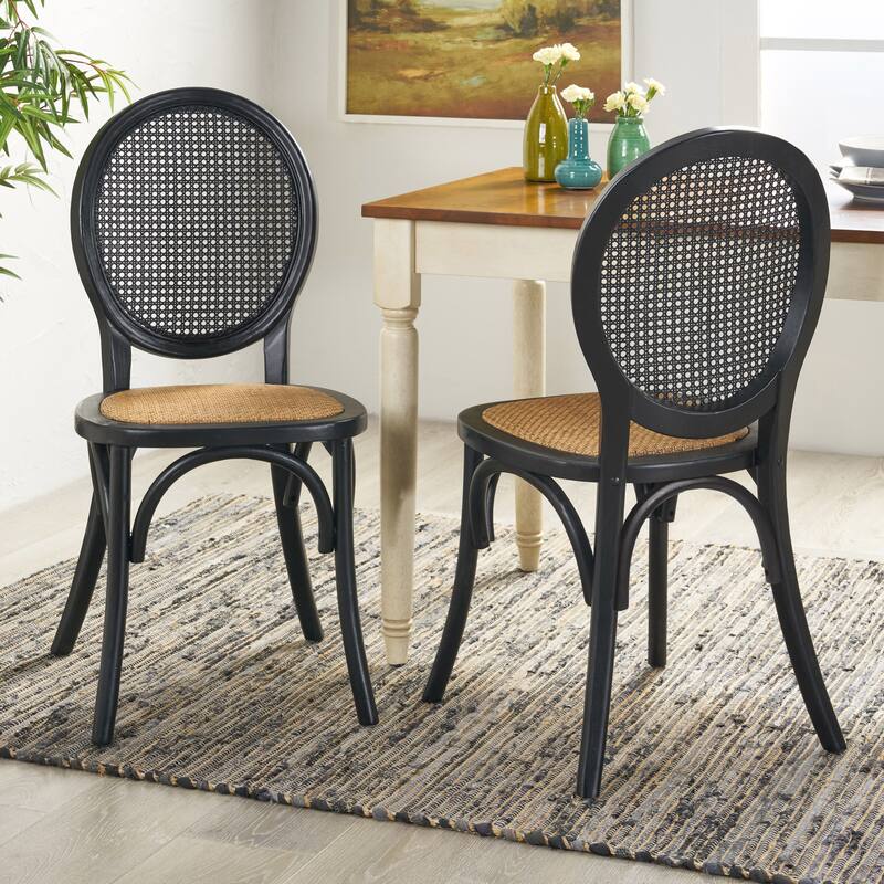 Rattan Dining Chairs Set of 2, with Cane Backrest and Wood Frame Vintage - Matte Black