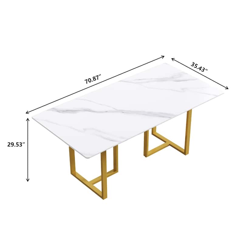 71" White Marble Dining Table for 6-8,Rectangular Tabletop and Triangular Carbon Steel Legs