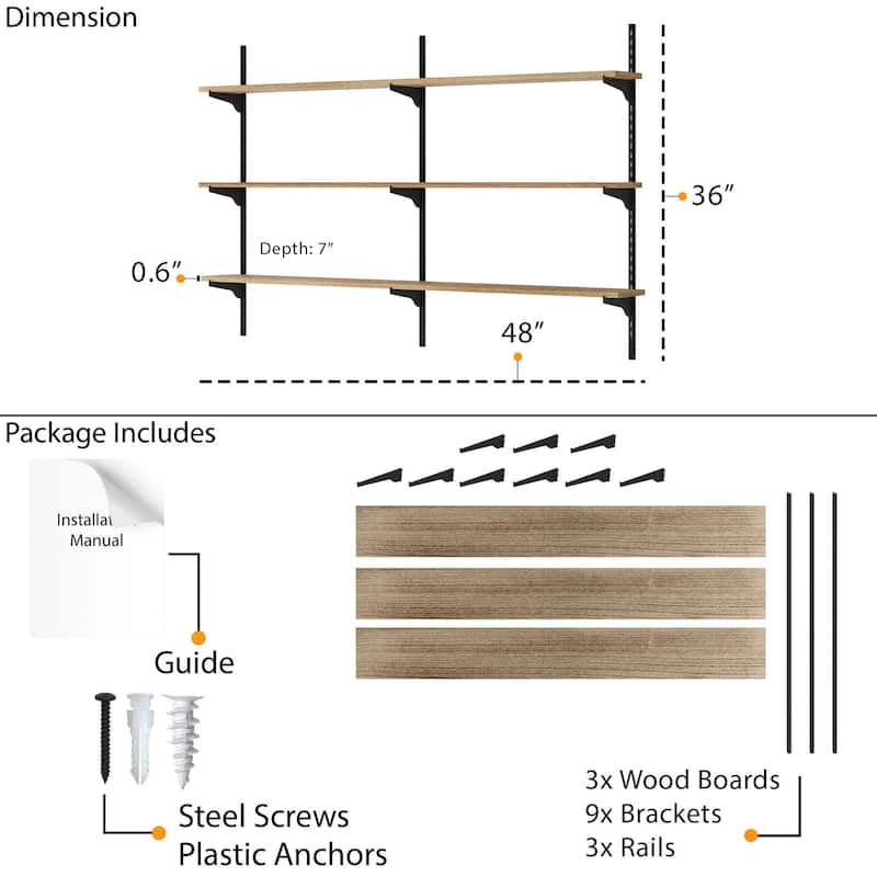 Wallniture Turin 48" Adjustable Shelves, Floating Bookshelves for Wall Decor, Real Wood Boards, Wall Mounted, 2,3 or 4 Tier