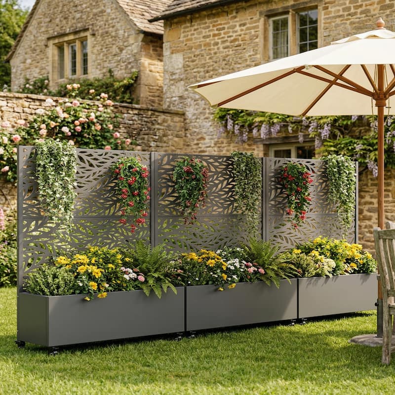 72 in Metal Movable Planter Box with Trellis Privacy Screen Lockable ...