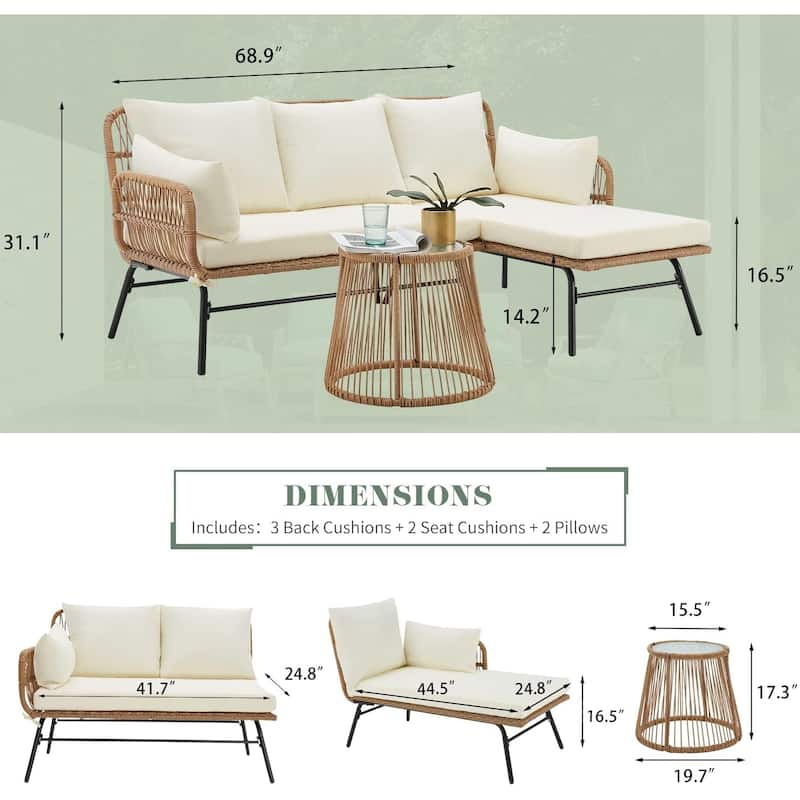 Sectional Wicker Conversation Sofa Set, 3 Piece Patio Furniture Set with Thick Cushions and Toughened Glass Coffee Table