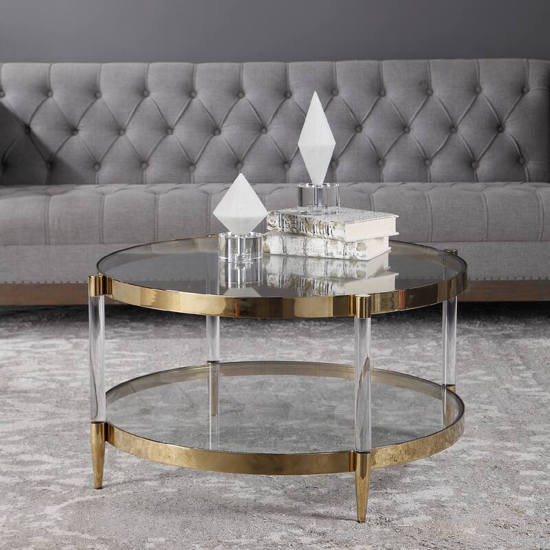 32" gold glam circular coffee table with two mirrored sections