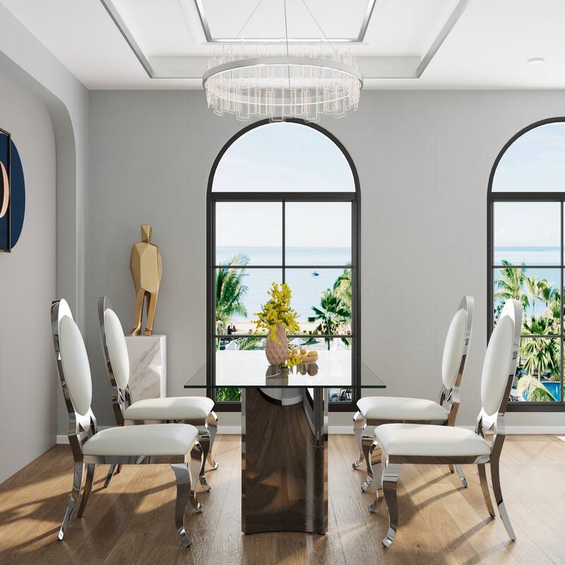70 inch Clear Tempered Glass Dining Table Set with Leather Dining Chairs