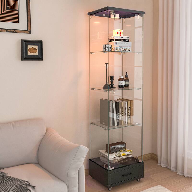 Glass Display Cabinet With Drawer,Cabinet With Led Lights,Tempered Glass Bookshelf, 1-Door Storage Case With 4 Shelves