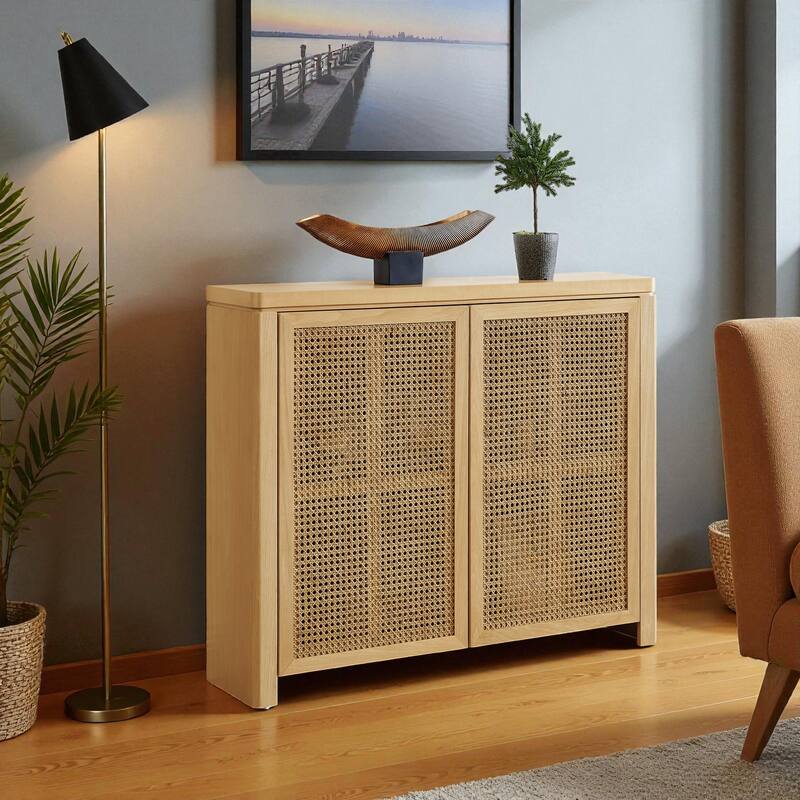 39.4" Mid-Century Modern Rattan Sideboard Buffet Cabinet with Outlet Holes, Retro Credenza Storage