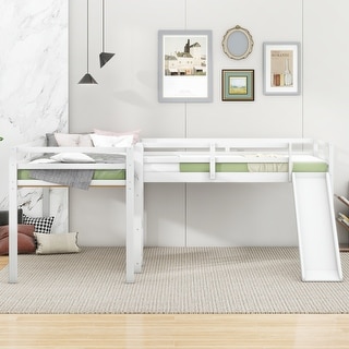 White L-shaped Frame Twin Low Loft Bed with Ladder and Slide