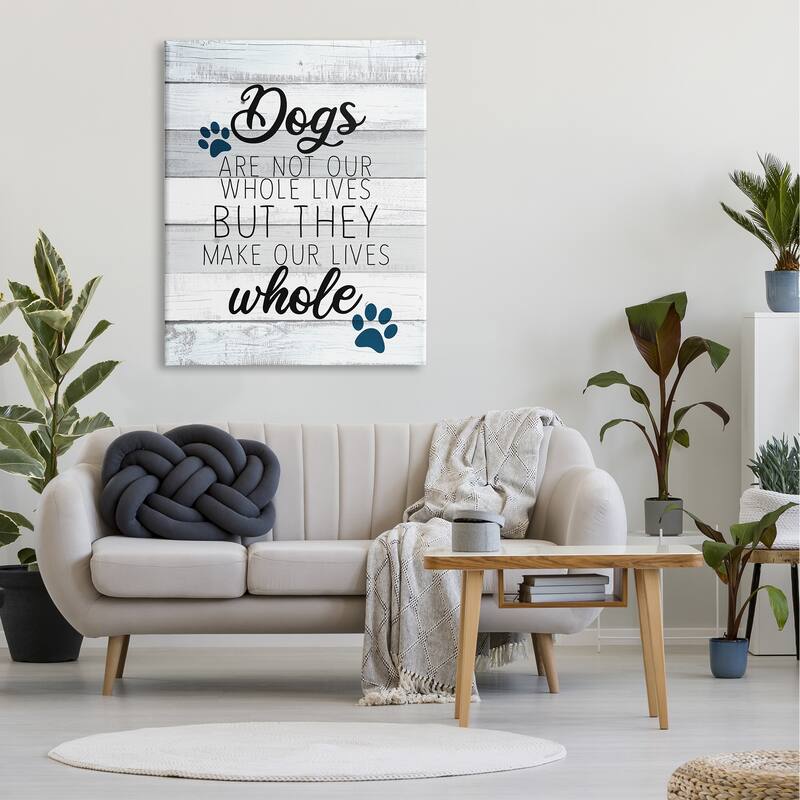 Stupell Dogs Make Our Lives Whole Paw Icon Striped Backdrop Canvas Wall Art - Grey
