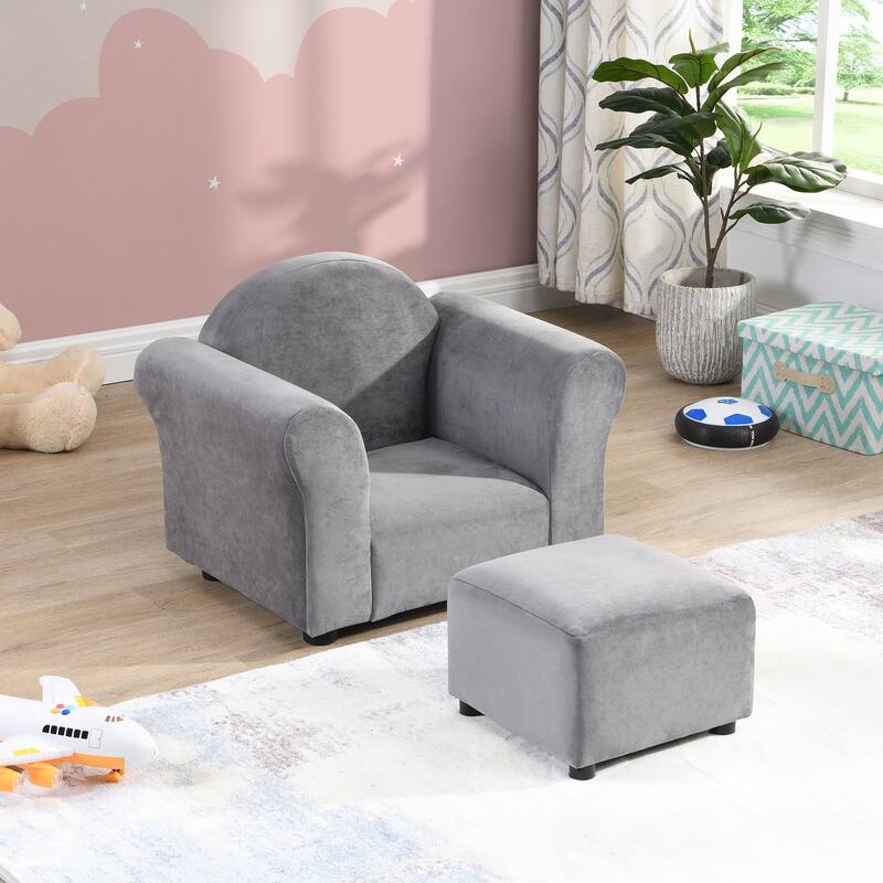Anmytek Gray Velvet Kids Armchair Ottoman Set Toddler Chair Playroom Nursery Decor - 22.4 in. W X 16.1 in. D X 17.7 in. H