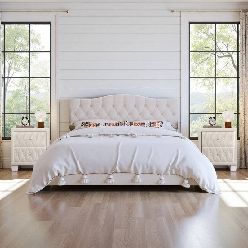 3-Pieces Bedroom Sets,Upholstered Platform Bed with Saddle Curved Headboard and Diamond Tufted Details,and 2 Nightstand - Queen