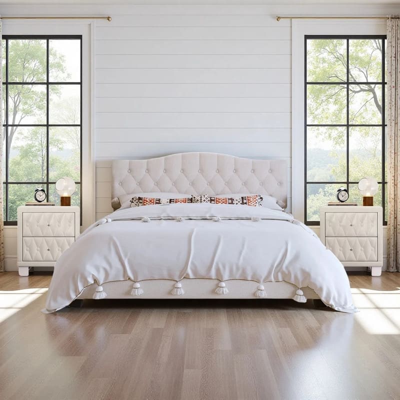 3-Pieces Bedroom Sets,Upholstered Platform Bed with Saddle Curved Headboard and Diamond Tufted Details,and 2 Nightstand