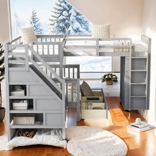 Gray Triple Bunk,Twin-Twin over Full L-Shaped Bunk Bed With 3 Drawers, Portable Desk and Wardrobe