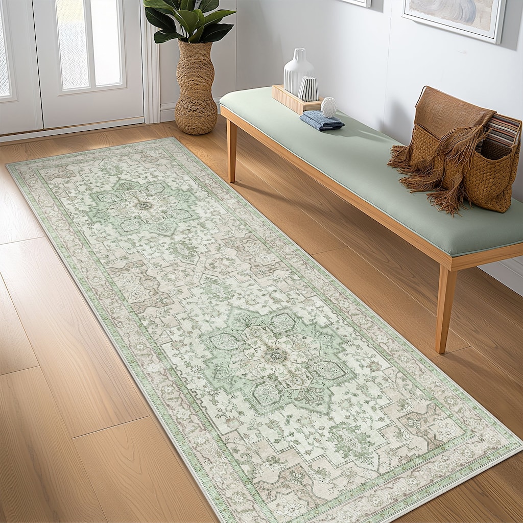Mcow Green Floral Faded Low Pile Machine Washable Non-Slip Area Rug - 2'X6'