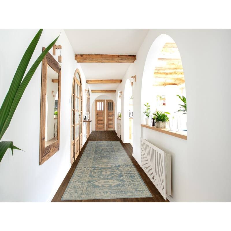 Hand Knotted Oriental 100% Wool Carpet Transitional Geometric Navy Blue & Blues Oushak Runner Rug - 14' 2'' X 3' 1''