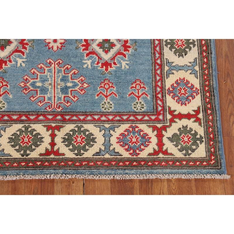 Blue Geometric Kazak Foyer Rug Hand-Knotted Oriental Wool Carpet - 3'4" x 4'11"