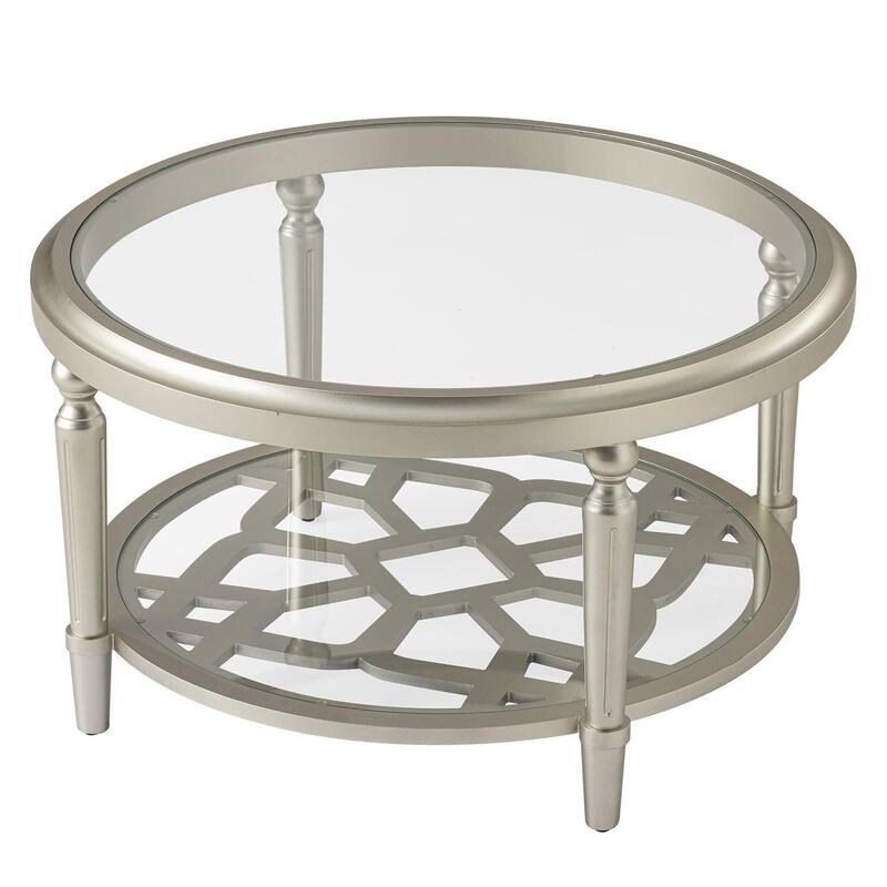COSIEST Champagne Round Solid Wood Tempered Glass Coffee Table