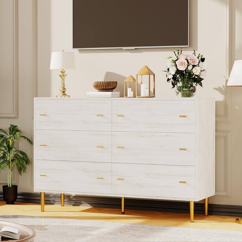 Farmhouse 6 Drawer Dresser, 47.2" Wide Rustic Wood Chest with Bar Handles, Vintage Storage Organizer for Bedroom