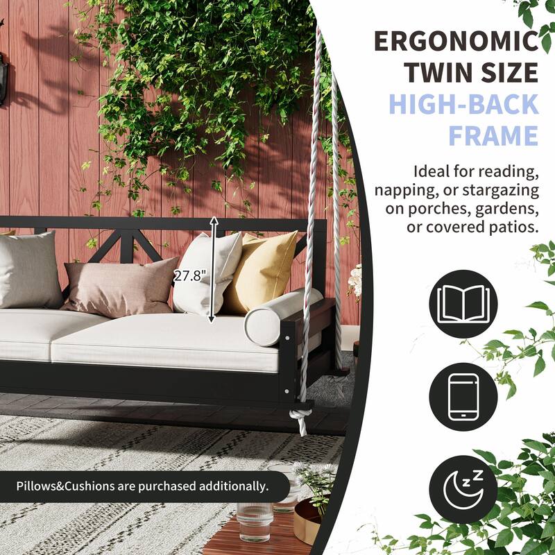 Twin Size Patio Swing Bed Modern Porch Swing Hanging Bed Frame with 16.4ft Hemp Ropes
