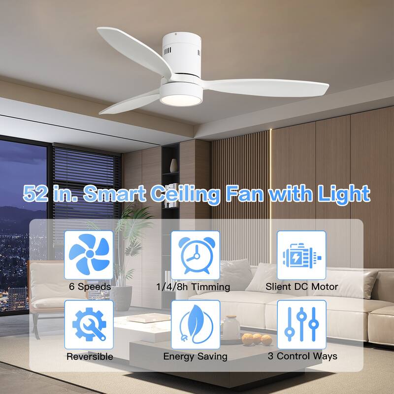 Sofucor 52 Inch Noiseless Flush Mount Ceiling Fan with Remote/Smart App Control,Dimmable Lights Optional,Reversible Motor