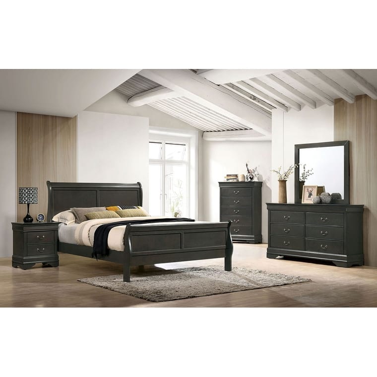 Classic Contemporary Queen Size Bed Gray Louis Phillipe Solidwood 1pc Bed Bedroom Sleigh Bed - Gray