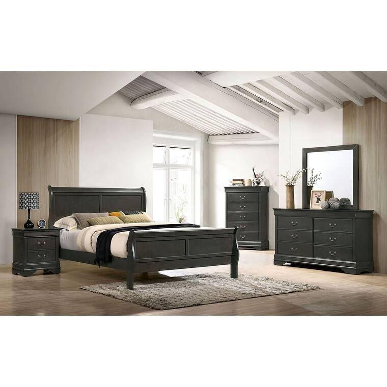 Queen Size Bed Black Solidwood 1pc Bed Bedroom Sleigh Bed