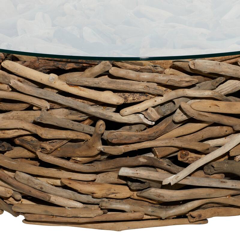 Driftwood Handmade Stacked Collage Coffee Table with Tempered Glass Top - Brown - Roche River Decor - 48"Wx48"Lx16"H