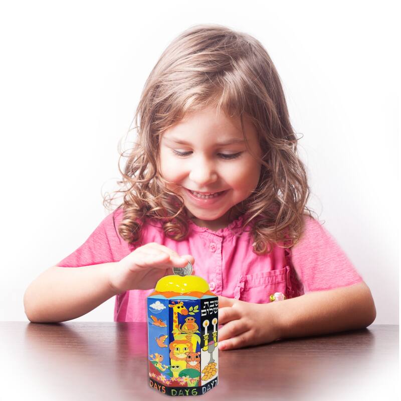 5" Yellow and Blue 7 Day of Creation Hanukkah Tzedakah Box