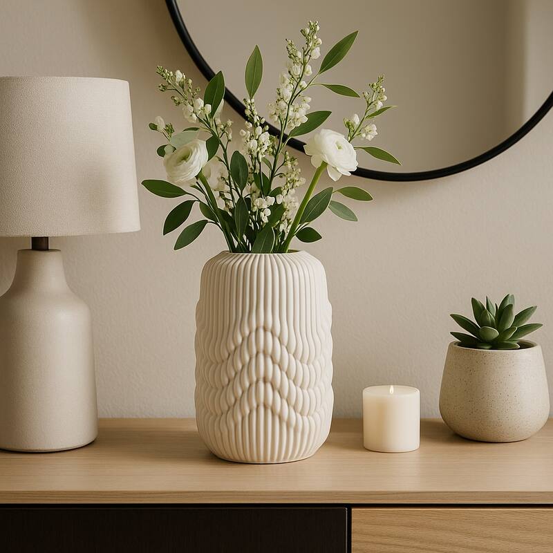 Porcelain 3D Printed Textured Vase - Ivory/Beige