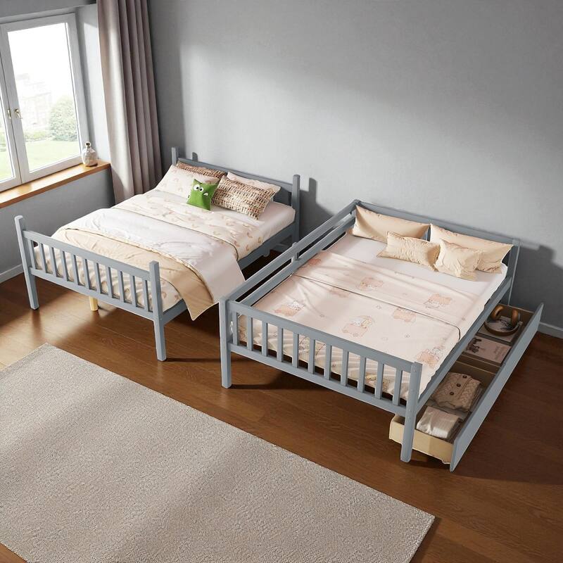 Full Over Full Rubber Wood Bunk Bed with 2 Storage Drawers, Convertible into 2 Full Beds, Ladder and Safety Guardrails