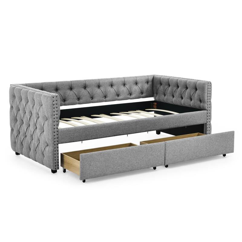 Tufted Daybed Upholstered Frame Sofa Bed with Button Copper Nail on Square Arms, and Pull-out Trundle Bed or Storage Drawers
