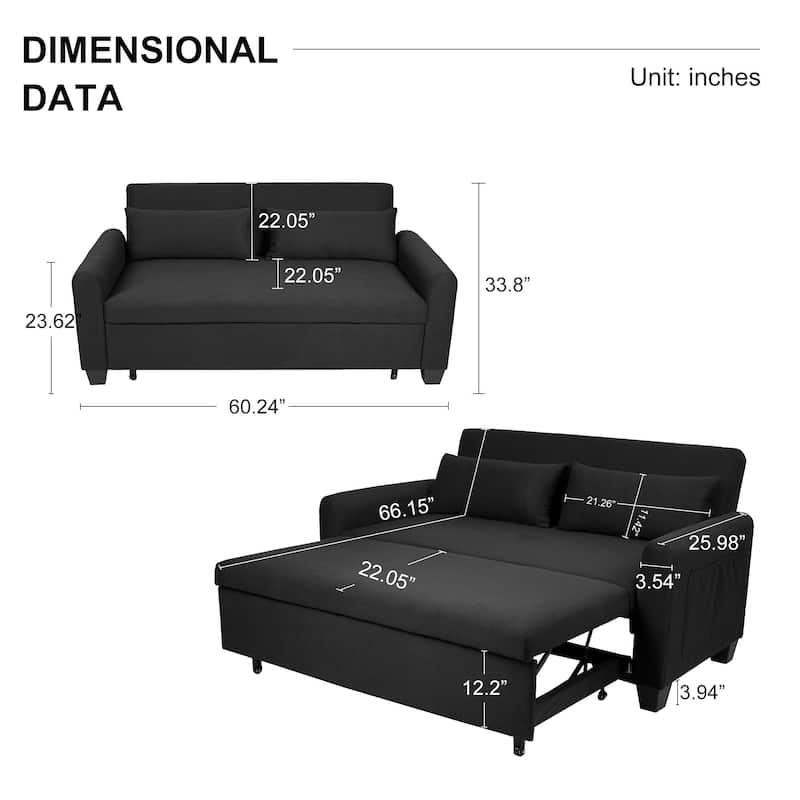 Oversized 61'' Convertible Sleeper Sofa Bed, 2-Seater Loveseat Sofa w/Pockets, Adjustable Backrest and Pillows.