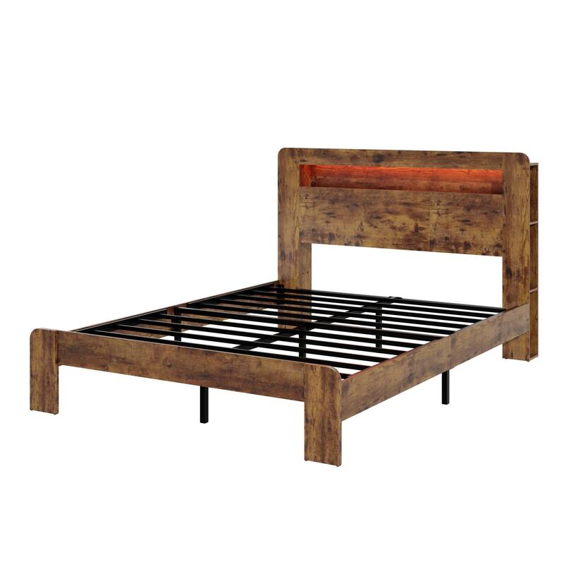 Wood Platform Bed Frame with Storage, LED Light Headboard and 2 USB Ports, Noise-Free