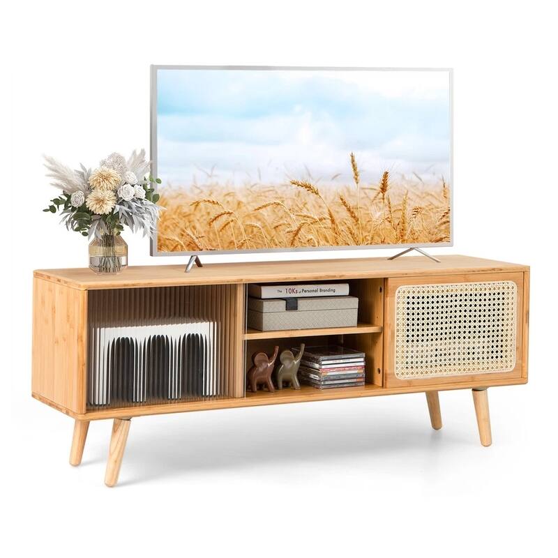 Modern TV Stand Media Console W/ Rattan Glass Sliding Doors - 47 inches in width