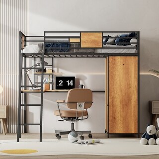 MDF & Metal Loft Bed Frame, Kids Loft Bed with L-shape Desk and Wardrobe, Metal Slat Support