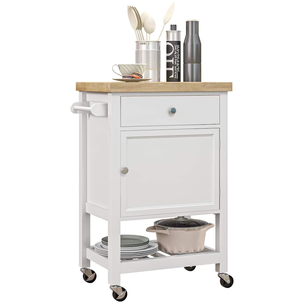 Utility Kitchen Cart with Smooth Rubberwood Top, Narrow Butcher Block Surface on Wheels with Storage Drawer and Cabinet