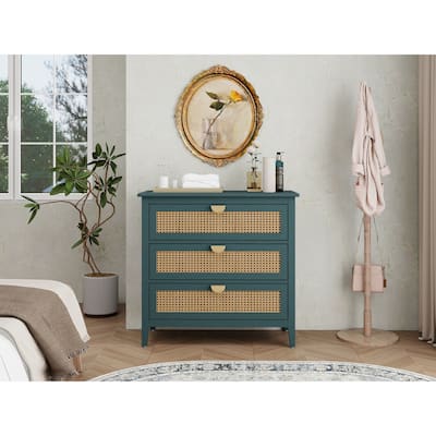 Rattan Storage Cabinet with Wood Grain Finish & Semi-Circle Metal Handles, Accent Cabinet with Anti-Slip Foot Pads