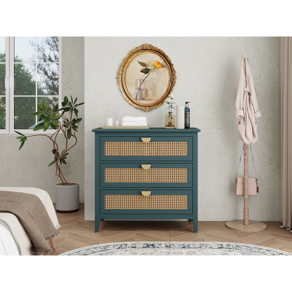 Rattan Storage Cabinet with Wood Grain Finish & Semi-Circle Metal Handles, Accent Cabinet with Anti-Slip Foot Pads