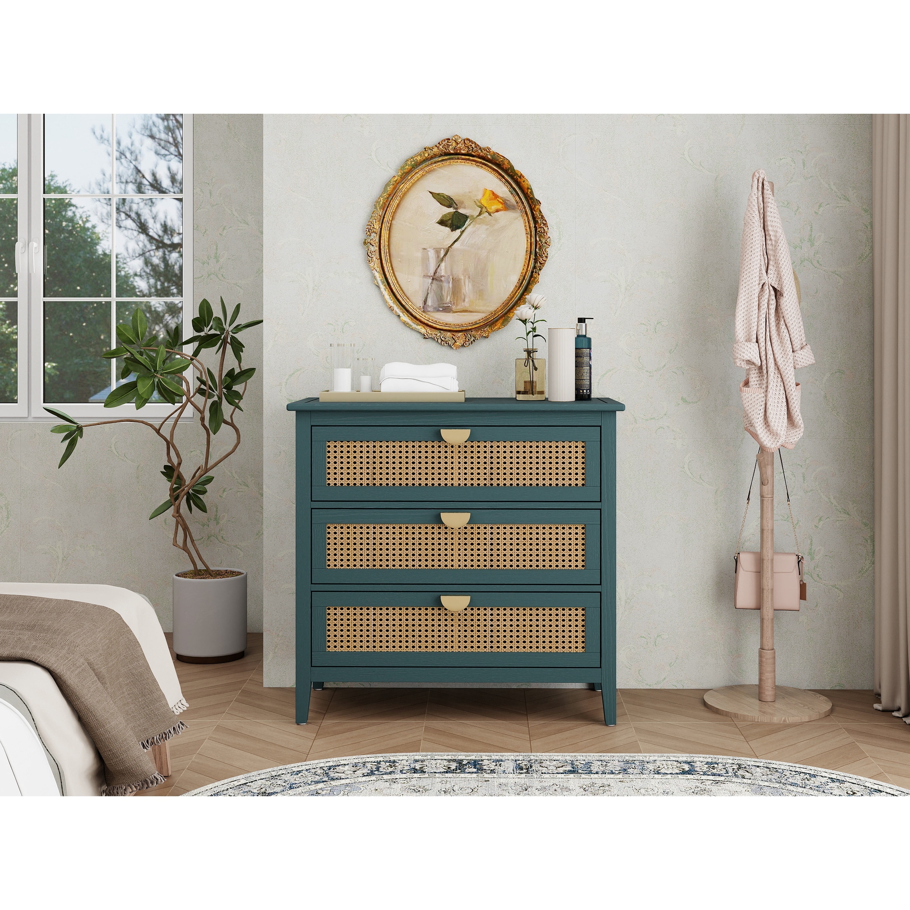 Rattan Storage Cabinet with Wood Grain Finish & Semi-Circle Metal Handles, Accent Cabinet with Anti-Slip Foot Pads