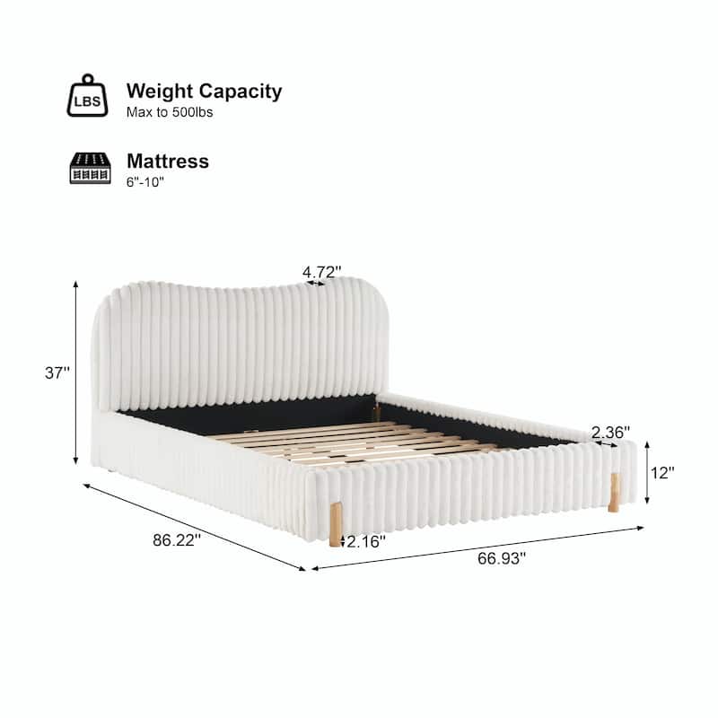 Sleek White Bouclé Upholstered Bed with Wavy Headboard & Vertical Stitching